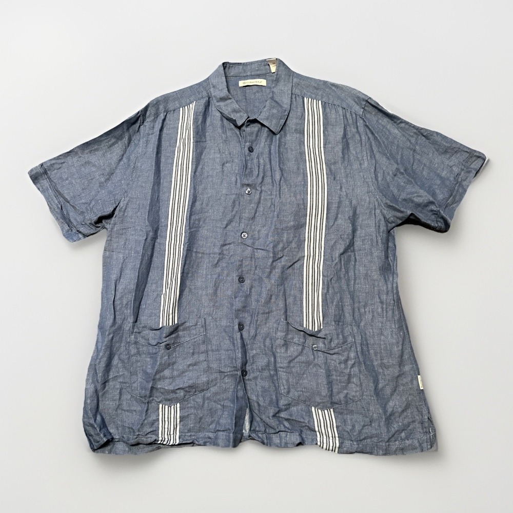 Cubavera Hawaiian Linen Shirt Mens XL‎ Blue Button Up Short Sleeve